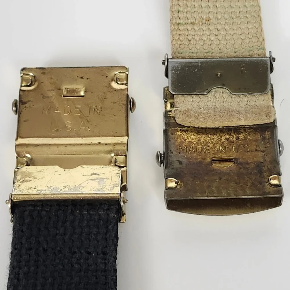 Vintage Web Belts Brass Buckle USA Lot of 2 Black Tan Khaki Canvas 44